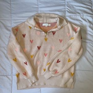 LOFT size small pink heart patterned quarter zip with gold hardware